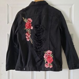 one 5 one Black Jean Jacket with Red Floral Embroidery